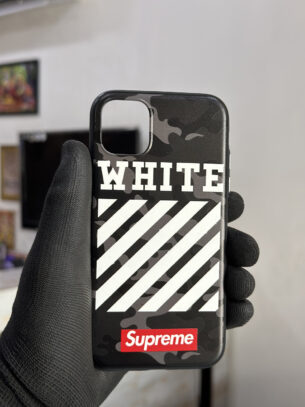 Black Camouflage Case for iPhone 11 with Diagonal White Stripes & Red